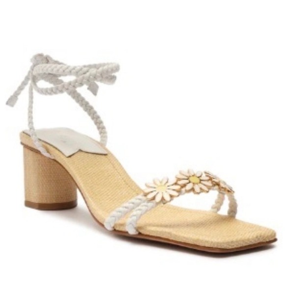 SCHUTZ Shoes - Schutz Hina Mid Daisy Raffia Block Heel Sandals White Braided Ankle Tie 10B NEW